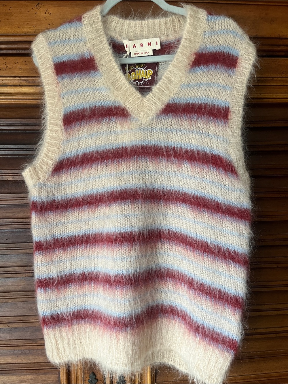 Marni Striped Mohair V-Neck Sweater Vest in Cream, Light Blue & Burgundy Stripes